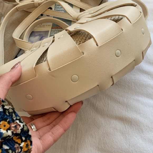 Bags Last One Beige Vegan Leather Rattan Semi Circle Crossbody Bag